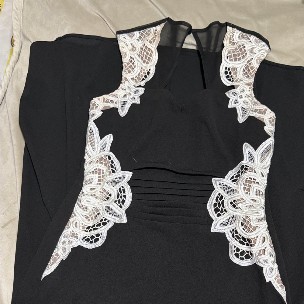 VENUS Black Dress with Cream Lace Accents